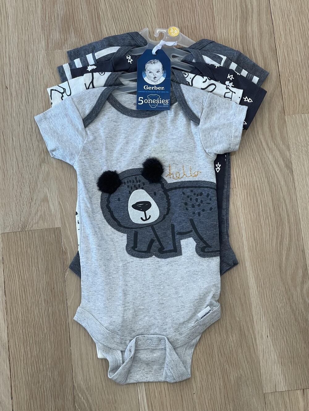 NWT Gerber One-Piece Bodysuit One-piece Boys 3-6 Month Gray 5 Piece Animal Print